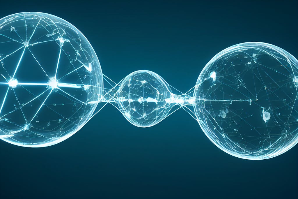 Modern digital spheres interconnected by glowing lines, showcasing a futuristic network concept.